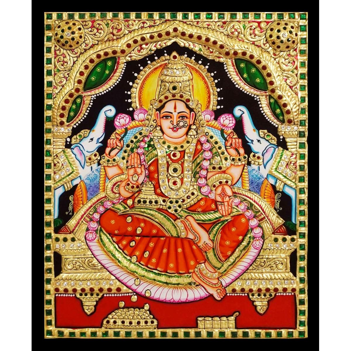 Tarang Arts Gaja Lakshmi Tanjore Paintings With Wooden Frame, 3D Emboss Design, Gold Foil, Jaipur Stones Handwork Painting For H